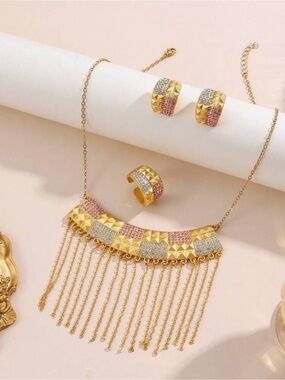 Gold, Pink & Silver Fringe Necklace Set